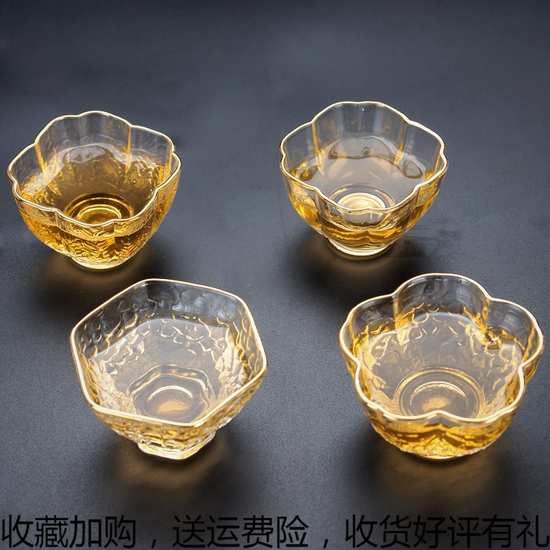 Japan-style hexagonal Phnom Penh Pink cup Heat-resistant glass hammer heat-resistant and explosion-proof small tea cup Kung fu tea with crystal gold thread cup