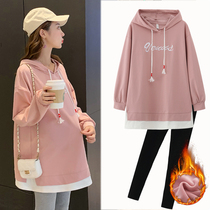 Pregnant women autumn set fashion top 2021 spring autumn loose size autumn winter plus velvet sweater women two-piece set