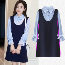 Pregnant womens autumn dress Korean loose fake two-piece mid-length spring and autumn pregnant womens suit fashion 2021 new