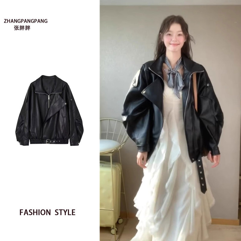 Plus-Size American Street Vibe Black Pu Leather Jacket for Women, Autumn Design, Niche Biker Jacket Top