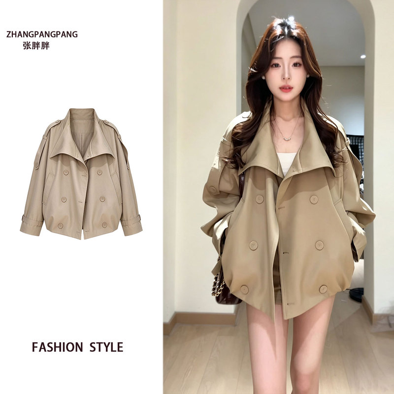 Plus-Size British Style Khaki Short Double-Breasted Trench Coat for Women 2026 Spring and Autumn High-End Elegant Lapel Jacket Trendy Plus-Size British Style Khaki Short Double-Breasted Trench Coat for Women 2026 Spring and Autumn High-End Elegant Lapel Jacket Trendy