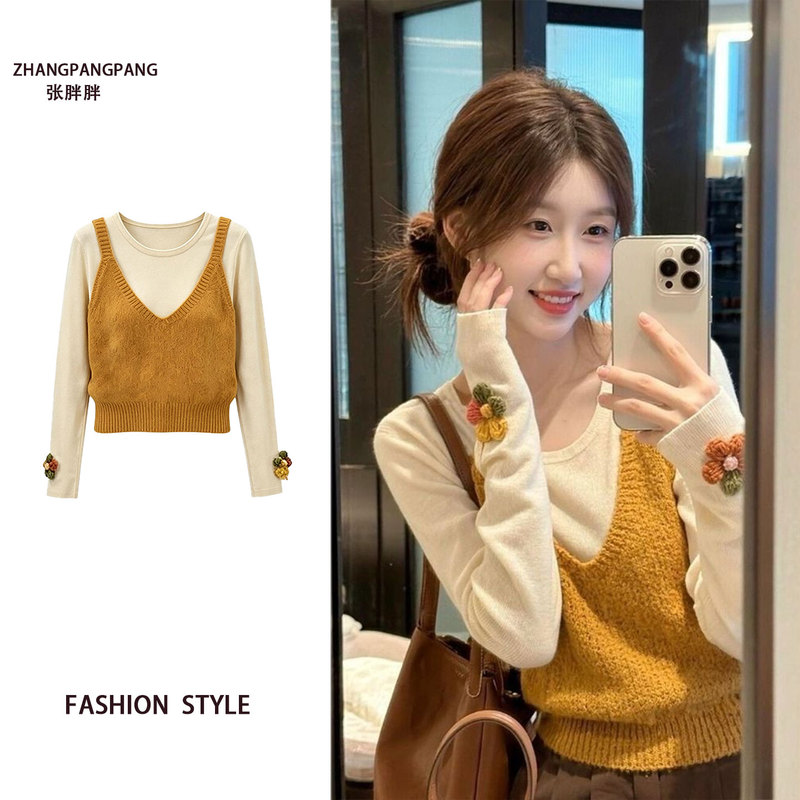 Plus-Size Korean-Style V-Neck Yellow Knitted Vest for Women, Spring and Autumn Design, Layered Sweater Vest, Two-Piece Set