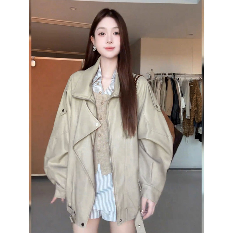 Plus-Size Korean-Style Retro Pu Leather Jacket for Women, New Autumn Style, Cool and Unique, Super Nice-Looking, Loose-Fitting Biker Jacket
