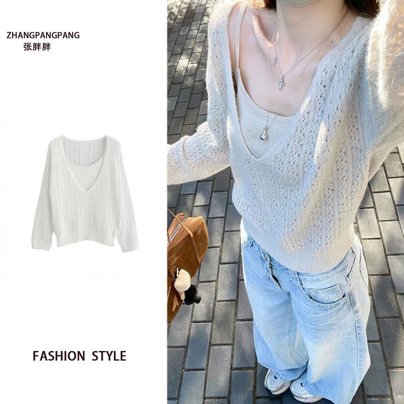 Plus-Size Korean Style Early Spring V-Neck Hollow-Out Top for Women, High-End Loose Cable Knit Sweater Cover-Up Camisole Set