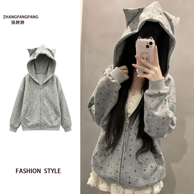 Plus Size American Retro Cat Ears Cute Cardigan Hooded Sweatshirt for Women Spring & Fall Loose Design Preppy Style Jacket Plus Size American Retro Cat Ears Cute Cardigan Hooded Sweatshirt for Women Spring & Fall Loose Design Preppy Style Jacket