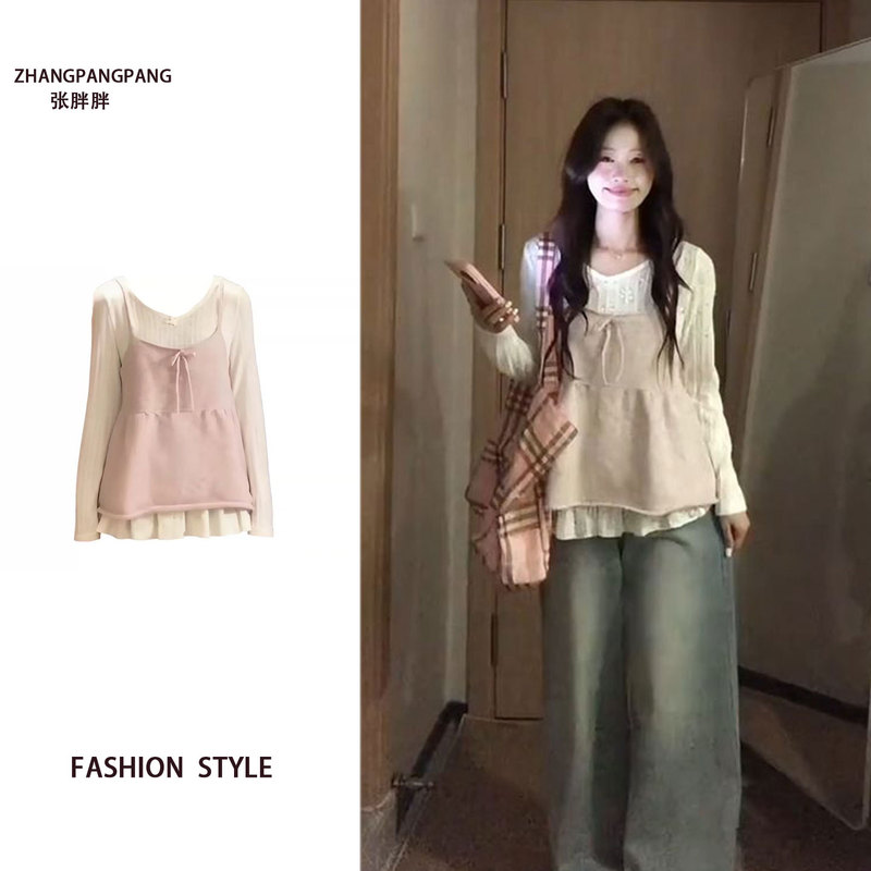Plus-Size Pink Knit Sweater with Straps, Layered Hollow-Out Base Shirt for Women, New Spring/Summer Casual Loose Top Two-Piece Set
