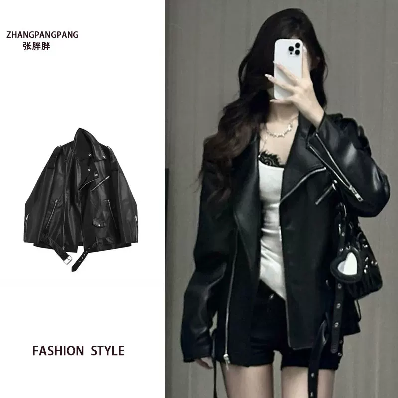 Black polyurethane autumn jacket, retro cardigan, for plus size ladies, American style, high-quality style