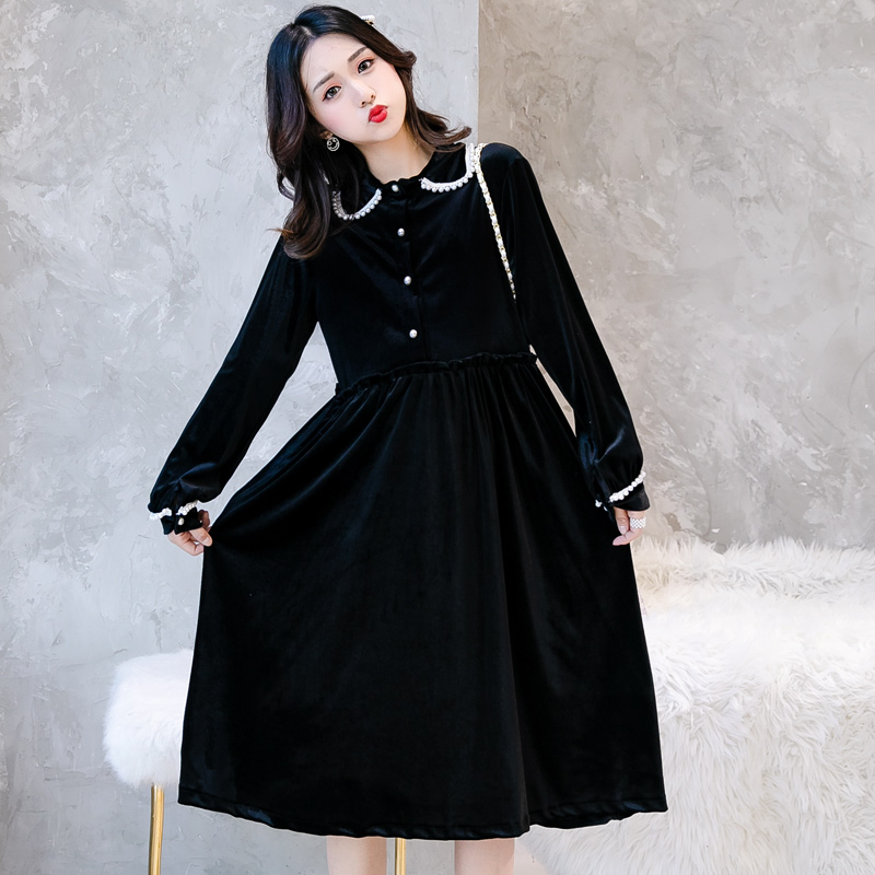 Pregnant women autumn new age-reducing fashion doll collar long-sleeved small black dress loose casual retro velvet dress women