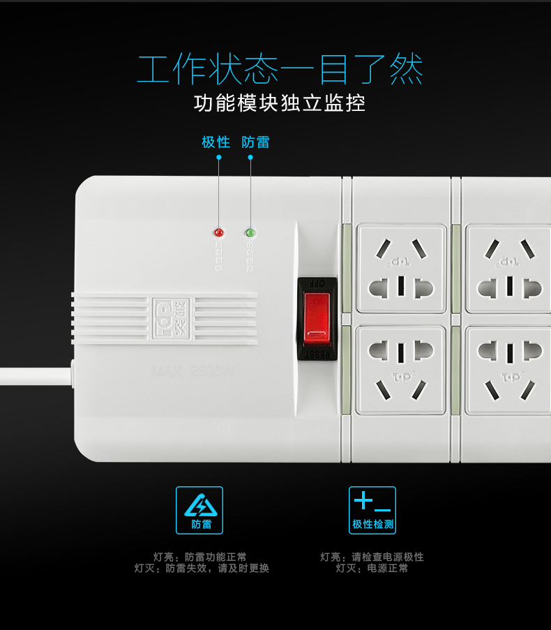 突破新国标插线板 6位总控双排插线板 防过载防雷接线板 插排