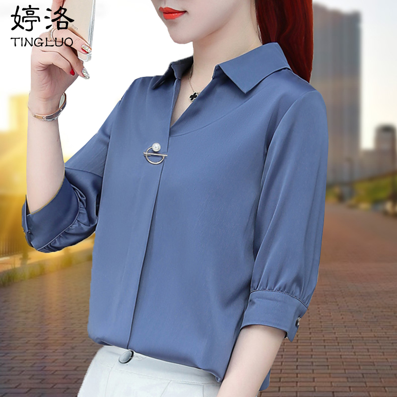 Snowspun Shirt Woman Middle Sleeve Blouse 2022 Summer New Fashion Foreign Pie V Collar Work Clothes Short Sleeve White Shirt