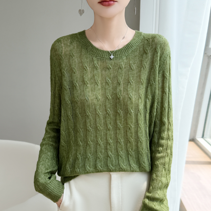 Lazy Style Velvet Wool Round Neck Twist Knit Sweater for Women, Green Sweater Jacket, High-End Short Loose Top