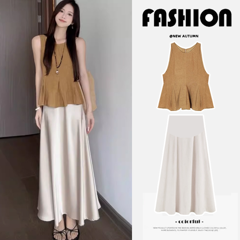 Maternity Skirt Summer 2026 New Large Size Loose Pleated Slimming Sleeveless Vest Top Women's Summer Outfit Set