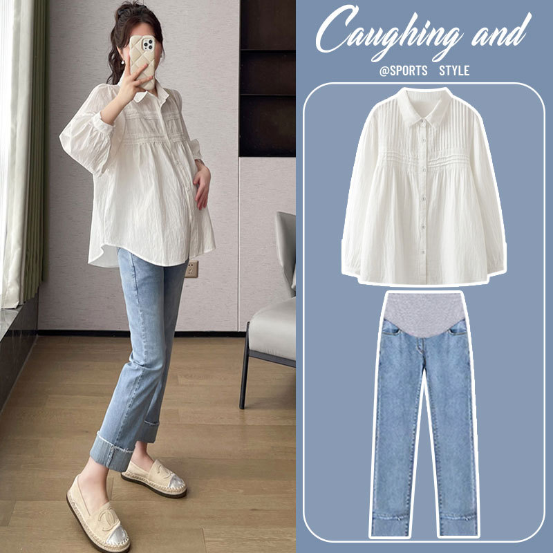 Maternity Wear Spring Suit, Large Size, Fashionable and Lazy Style, White Loose Shirt Top, Spring Outfit That Covers the Belly Without Showing Pregnancy