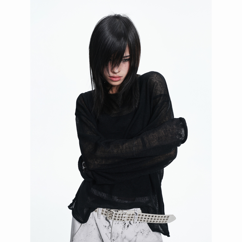 Lightinus Dark Semi-Transparent Sun Protection Blouse Top Sexy and Lazy Style Loose Gauze Long-Sleeved T-Shirt Lightinus Dark Semi-Transparent Sun Protection Blouse Top Sexy and Lazy Style Loose Gauze Long-Sleeved T-Shirt