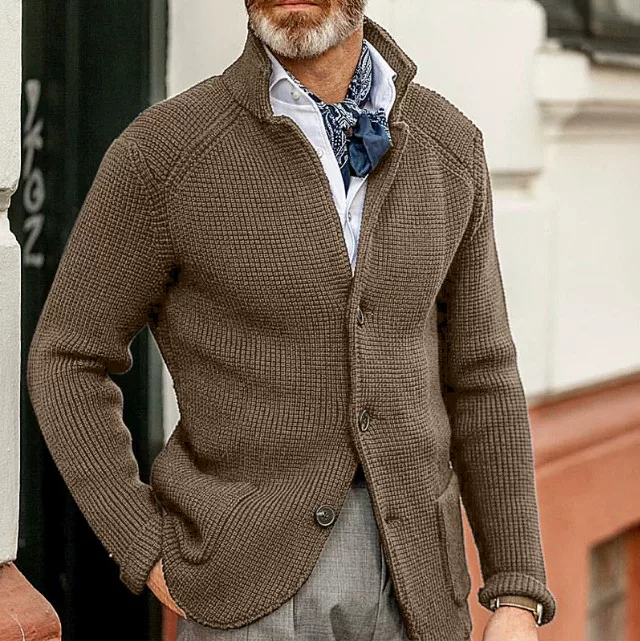 [秋冬纯色立领单排扣修身针织大码长袖外套男Men's knitted jacket]