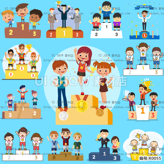 卡通领奖台颁奖奖牌获奖排名冠军季军亚军名次人物闯关ui矢量素材