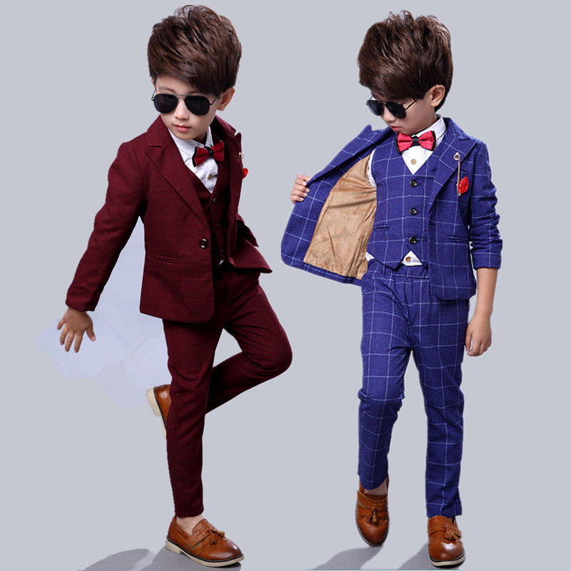 Boys' suit suit plus velvet thickened children's small suit three-piece flower girl dress 3-year-old boy suit autumn and winter 4