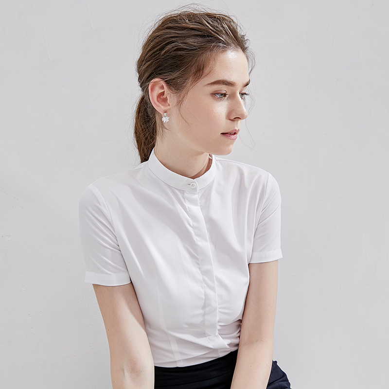 Nriyon/Meiying Short-Sleeved Stand-Collar Shirt for Women White 2026 Summer New Style Women's Round-Neck Professional Collarless Shirt