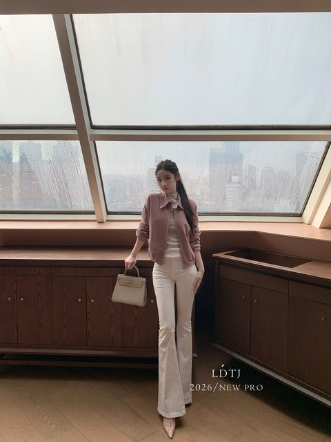 Ldtj High-End Autumn and Winter New Pure Cotton Korean Style Versatile High-Waisted Slimming High-End White Flared Denim Pants for Women