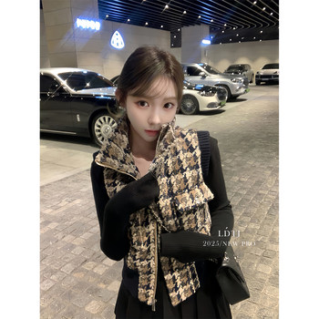 Ldtj Haute Couture'Beloved Fragrance' Winter and Autumn Elegant Tweed Plaid down Jacket Thick Short Coat Vest for Women