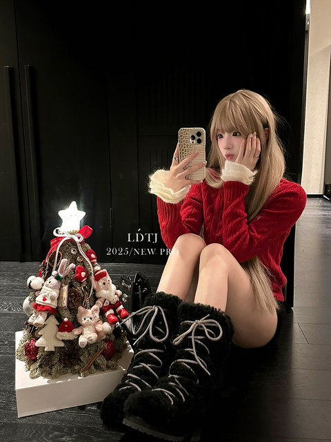 LDTJ high-end winter ski strap sheep genuine fur plus velvet warm thick heel thick-soled boots for women