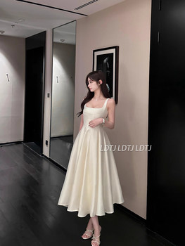 Ldtj Haute Couture Autumn Socialite Hepburn Style French Retro Square Neck Waist-Cinching Dress Strap Slim-Fit Dress