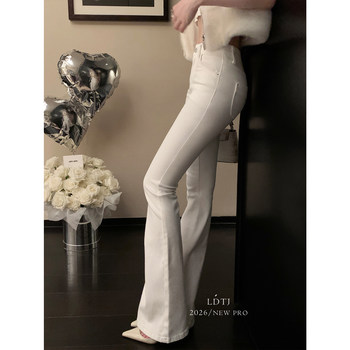 Ldtj High-End Autumn and Winter New Pure Cotton Korean Style Versatile High-Waisted Slimming High-End White Flared Denim Pants for Women