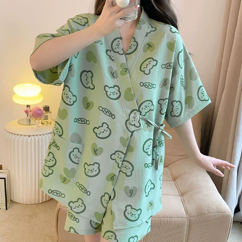 Зеленая японская летняя пижама, короткий рукав, 2024 года