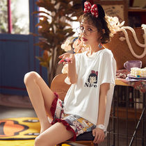 Summer pyjamas women pure cotton ins Fashion cute day series short sleeves shorts Two sets of summer home clothes can be worn out