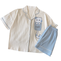 Pajamas for women summer pure cotton short-sleeved cartoon cat cardigan 2022 new summer home clothes can be worn outside in the summer