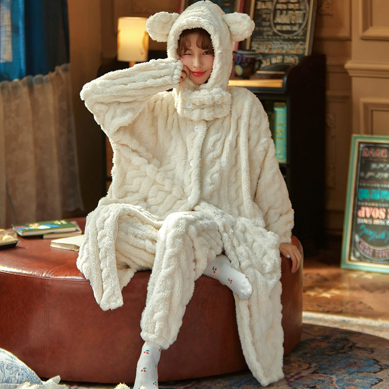 Thickened and gapped coral suede sleeping robe women's winter long prints with wind bathrobes jacket with cap autumn and winter flange suede