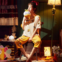 Sleepwear Women Summer Pure Cotton Ins Fashion Short Sleeves Seven Pants Two Suits Cute Big Code Loose Ladys Home Clothes