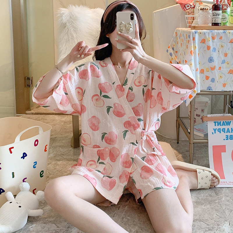 Kimono Pyjamas Summer Pure Cotton Cotton Fabric Red Pops 2022 New summer cute short sleeves Two sets
