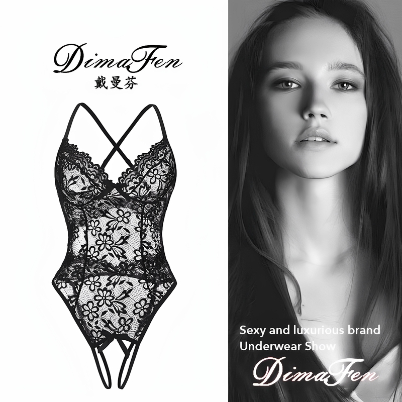 【Dai Manfen】Sexy Pure Desire Lingerie Three-Point Style Small Chest Temptation Hot and Passionate No Need to Take Off Open-Crotch Lace Nightdress
