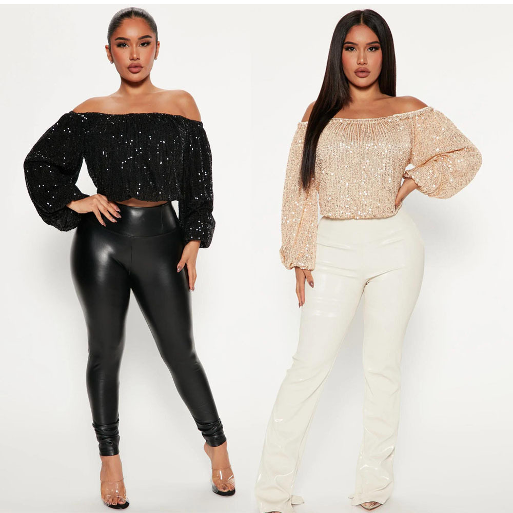Women's clothing season sexy sequin collar lantern shirt top