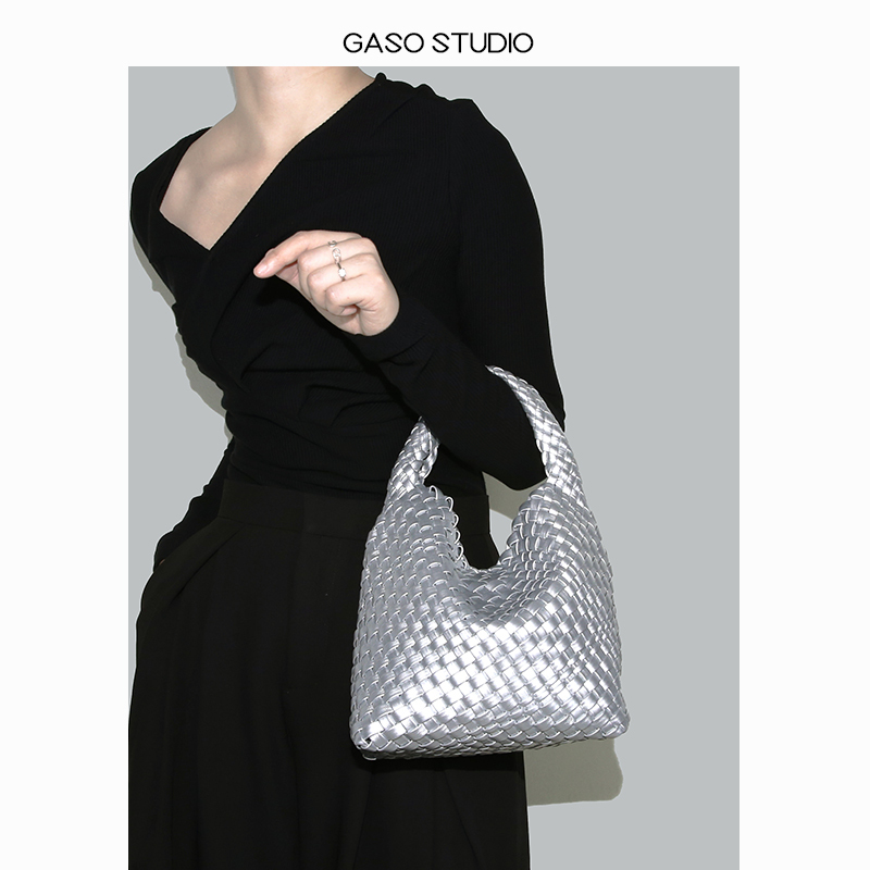 【Guangxia Gaso】Silver Mini Tote Bag for Women Handmade Woven Bag Bucket Bag Small Crossbody Bag Handbag