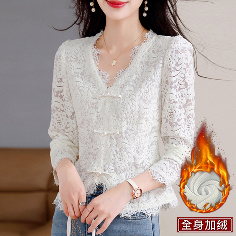 V-Neck Lace Bottoming Shirt for Women Autumn and Winter 2024 New Fashion Velvet Inner Top High-Bottom Super Nice Top