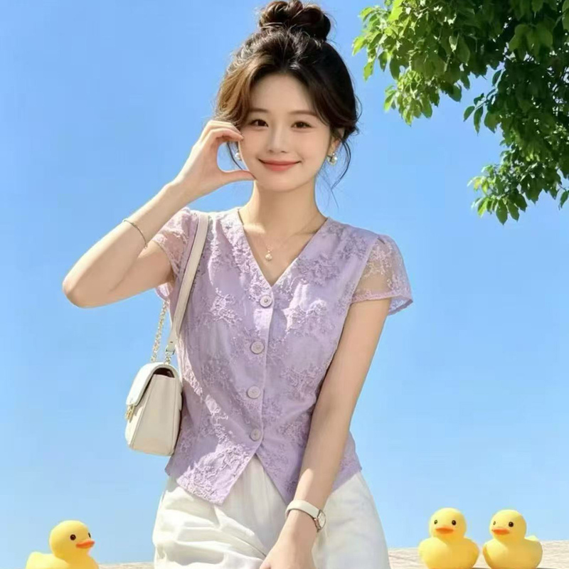 French-Style High-End V-Neck Lace Short-Sleeve Shirt for Women, Summer 2026 New Model, Waist-Cinching, Age-Reducing, Slimming, Elegant Top French-Style High-End V-Neck Lace Short-Sleeve Shirt for Women, Summer 2026 New Model, Waist-Cinching, Age-Reducing, Slimming, Elegant Top