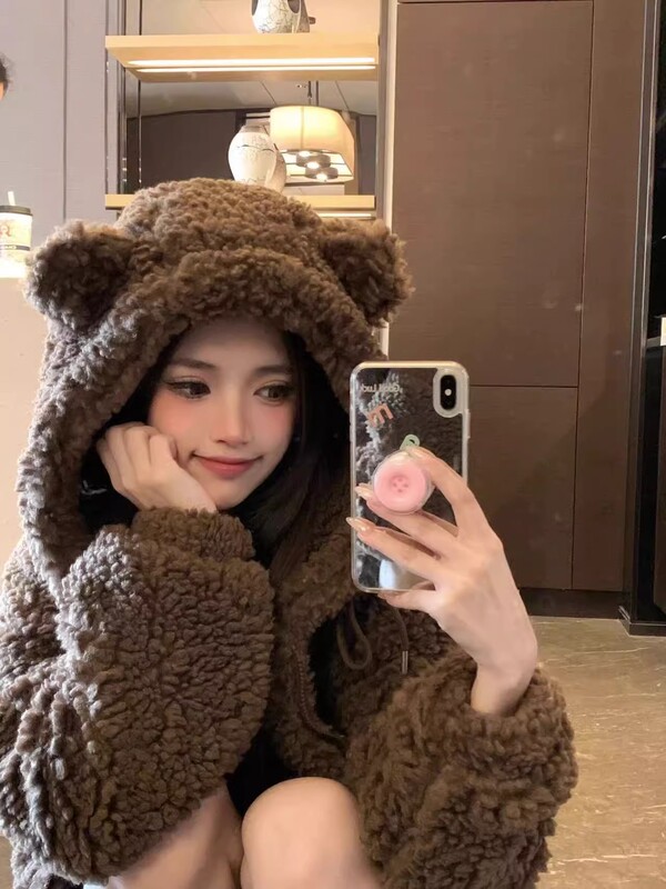 Lamb Wool Dopamine Hooded Jacket for Women, Autumn and Winter, Fleece-Lined, Thickened, Cute Bear Ears, Cardigan, Plush Sweatshirt