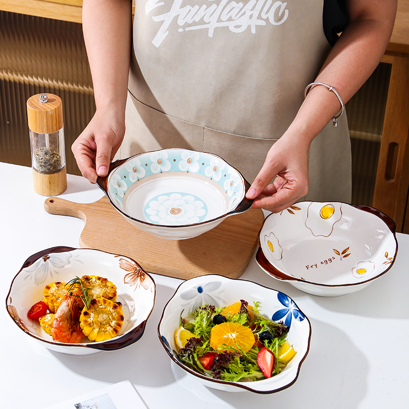 Double Ear Bowl Air Fryer Grilled Bowl Ceramic Cutlery Home Salad Bowl Deep Dish Soup Pan Ovens Baking Pan Oven with -Taobao