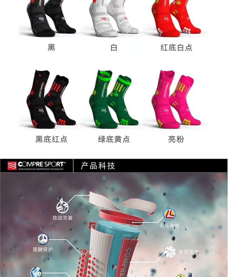 Compressport chạy việt dã chạy vớ nén đậu 3D Đàn ông và phụ nữ chạy marathon thể thao vớ nhanh khô V3.0 - Vớ thể thao vớ lười