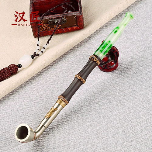 汉匠 Старый стиль белый медный инкрустационный табачный пакет, фиолетовый бамбуковой суставы, мужской табак, дым, табак, особый длинный держатель сигарет