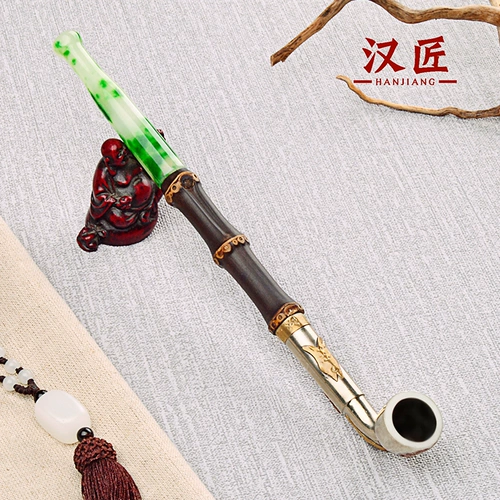 汉匠 Старый стиль белый медный инкрустационный табачный пакет, фиолетовый бамбуковой суставы, мужской табак, дым, табак, особый длинный держатель сигарет