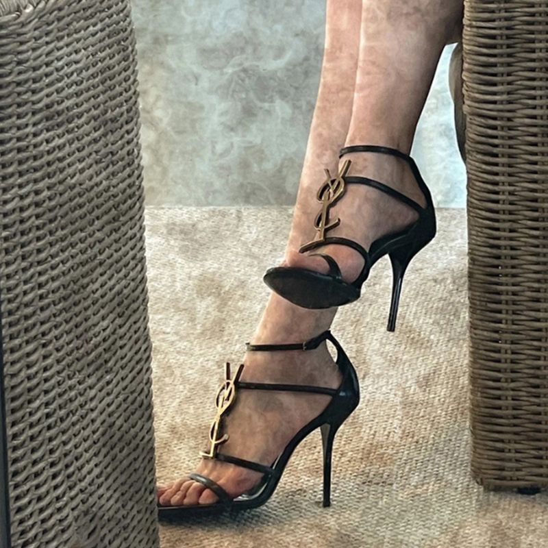 Women's Strappy Sandals 2026 Summer New Style Sexy Versatile Letter Buckle Stiletto Open-Toe Black High Heels
