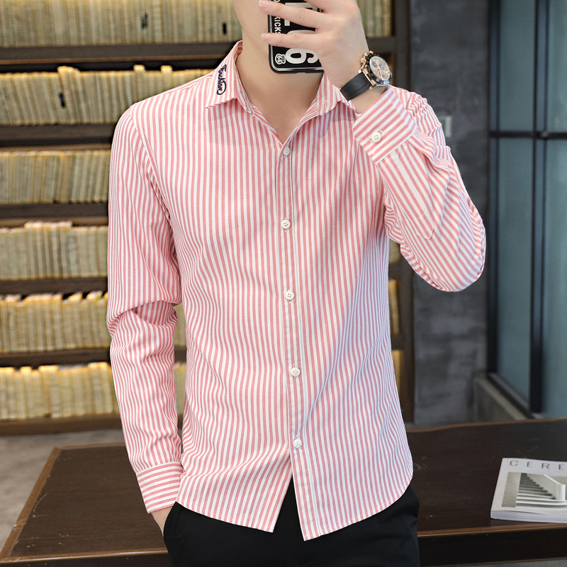 Autumn and Winter Fleece-Lined Thickened Men's Long-Sleeved Shirt, Korean Style Slim Fit Casual Versatile Striped Shirt, Cool and Stylish Shirt