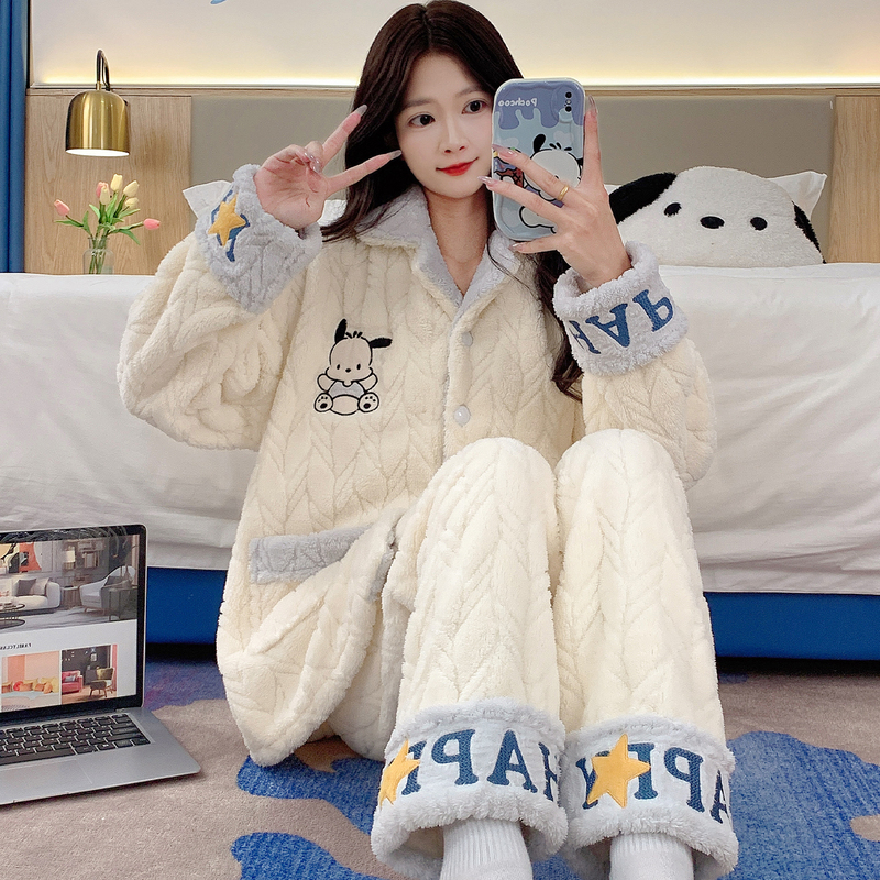 Women's Pajamas Set for Autumn and Winter, Coral Fleece, Thickened and Warm, Can Be Worn Outside, Cardigan, Cute Cartoon Loungewear