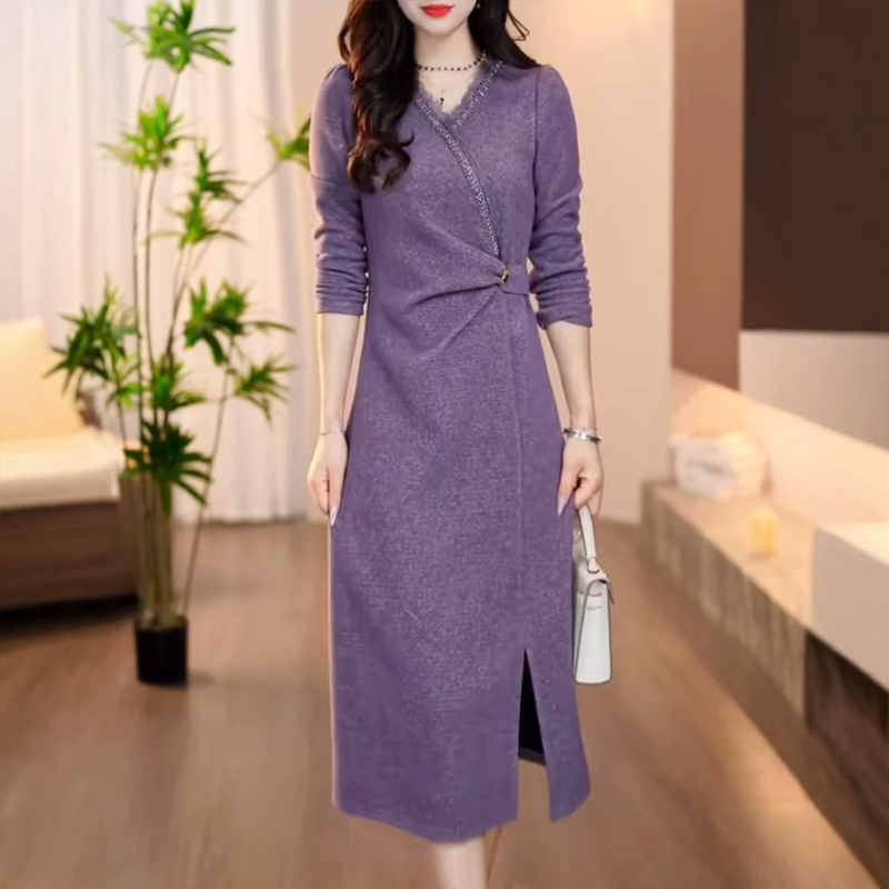 Elegant Smoky Purple High-End Slim-Fit Dress with a Stylish and Versatile Design, 2026 Autumn and Winter New Thickened Dress Elegant Smoky Purple High-End Slim-Fit Dress with a Stylish and Versatile Design, 2026 Autumn and Winter New Thickened Dress