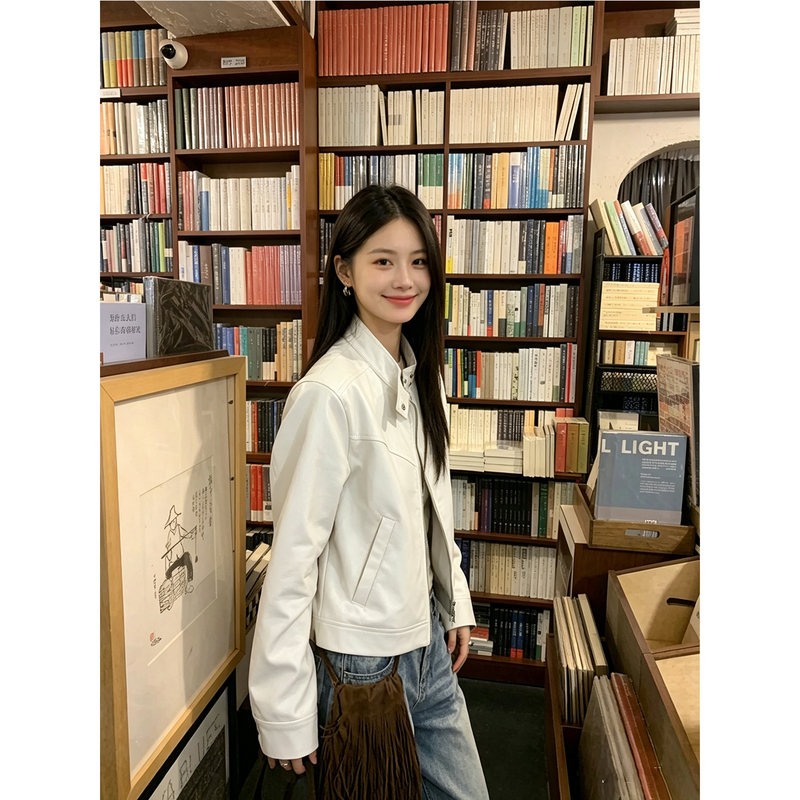 French Stand Collar White Leather Jacket for Women Autum New Design Korean Style Loose Casual Short Jacket Top