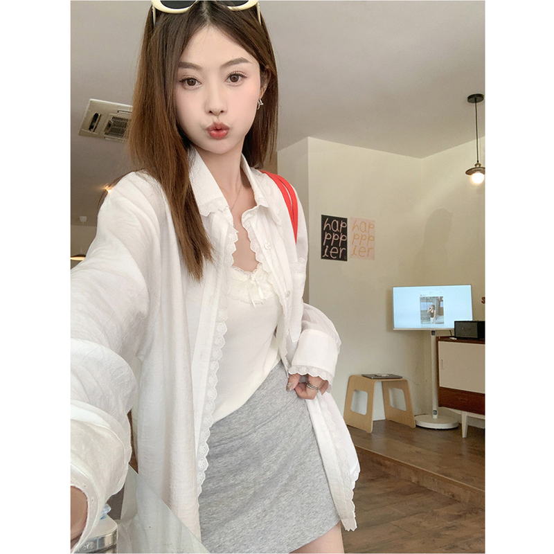 French-Style White Lace Long-Sleeved Shirt for Women, Summer Design, Korean Style, Loose, Casual, Elegant, Sun-Protective Top Jacket