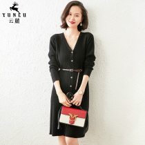  V-neck solid color cashmere cardigan mid-length dress female pullover bag hips loose thickened over-the-knee long skirt sweater female